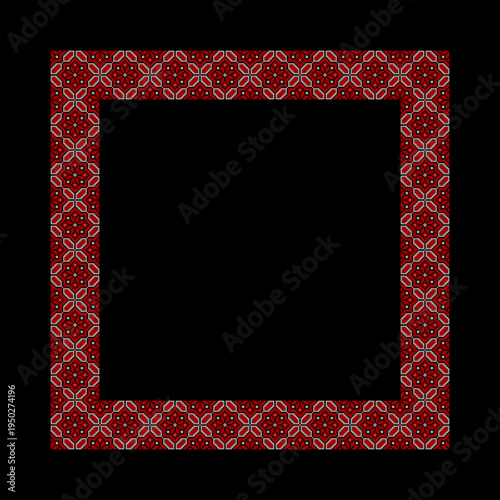 Vector illustration of a Ukrainian embroidery square frame inspired by traditional vyshyvanka ornament. Decorative geometric border in red and black colors created in cross stitch style