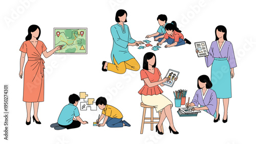 Playful Moments of Guidance: Depicting a series of scenes showing adult female teaching children, map, education, drawing, and games with love. The image exudes warmth and nurturing.