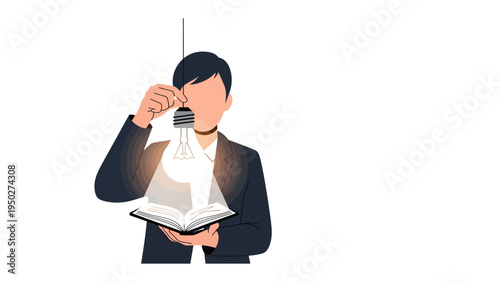 Illumination of Knowledge: A silhouette figure holds a glowing light bulb above an open book, symbolizing insight, creativity, and the power of knowledge and education.