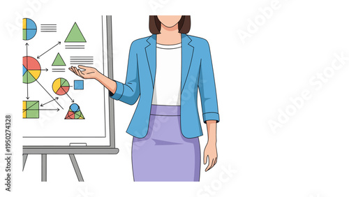 Business Presentation: A professional, delivering a vibrant presentation, using visual aids to explain concepts and ideas, illuminating a collaborative strategy session. 
