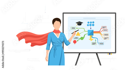 Empowered Teacher Presenting a Mind Map: A determined teacher with a cape, standing confidently beside a presentation board, illustrating a detailed mind map.