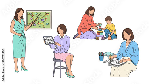 Educational Endeavors: This illustration captures a series of everyday educational situations, with an instructor and several children. A teacher in different scenarios.