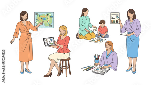 Artistic Woman's Creative Pursuits: A collection of images showcases a creative woman involved in various artistic endeavors, from painting and drawing to teaching and mentoring.