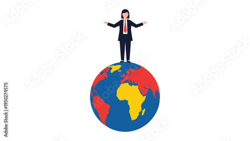 Global Vision: A confident businessperson stands atop a vibrant globe, arms outstretched in a gesture of leadership, embodying global presence and visionary strategy.