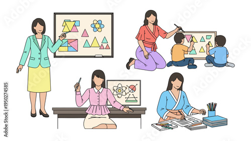 Teachers' Instruction: a collection of illustrations depicting female instructors interacting with students, with visual aids.