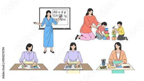 Nurturing Minds and Shaping Futures: A collection of educational illustrations portraying educators guiding and engaging children in various learning activities.