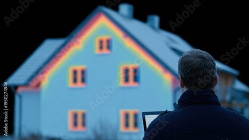 Energieberatung im Haus, Wärmebildkamera deckt Kältebrücke am Fenster auf, Hausbesitzer analysiert Tablet-Bericht