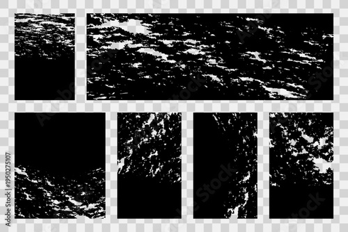 Grunge rolled ink texture set. Distressed linocut relief backgrounds. Vector illustration isolated on transparent