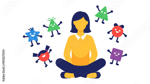 Inner Harmony: A woman embraces mindfulness, surrounded by playful, animated shapes representing thoughts and feelings. A visual metaphor for emotional balance and mental wellbeing.