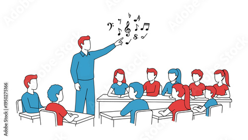 Musical Guidance: A teacher passionately directs a class, with musical notes floating above, illustrating the art of music and knowledge transfer in the learning environment.