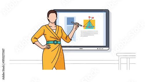 Business presentation: A dynamic woman presents her innovative ideas on a large screen in a contemporary style, illustrating the seamless fusion of expertise and technology.