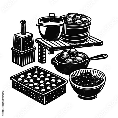 Set of 6 kitchen utensils and cookware vector icons