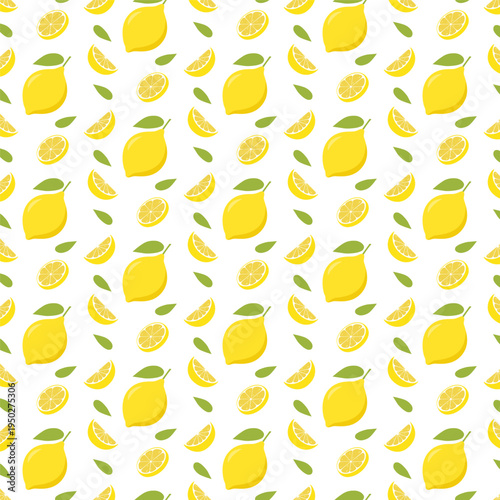 Seamless lemon citrus fruit pattern with slices wedges and leaves vector illustration.