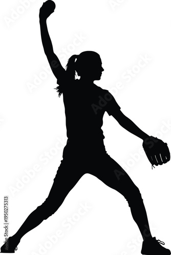 Full body black silhouette of a female softball player or baseball pitcher throwing a ball in mid-air motion isolated on a white background.