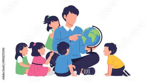 Global Discovery in the Classroom: A dedicated teacher leads a group of children on a vibrant journey of exploration. Using a globe to showcase the world's wonders.