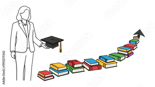Knowledge Path to Future: A symbolic illustration depicts the journey of education. A figure with a graduation cap leads a path formed by colorful books.