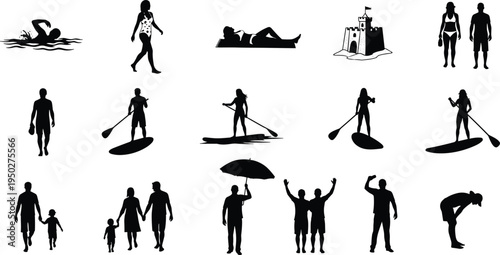 beach, summer, silhouettes, people, swimming, paddleboarding, family, vacation, sea, sand, leisure, activity, lifestyle, travel, holiday, recreation, isolated, black, set, illustration