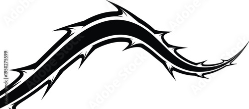 Abstract tribal thorn curve design element, sharp spiked decorative swirl, edgy tattoo style graphic ornament vector illustration