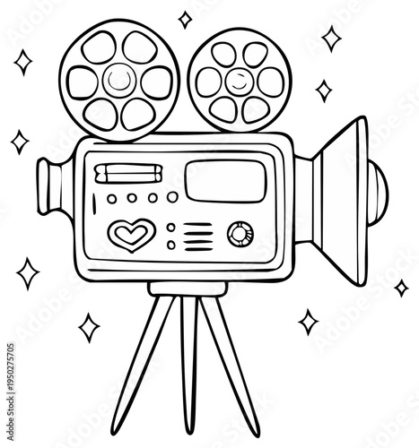 Cartoon Movie Camera with Film Reels and Sparkles