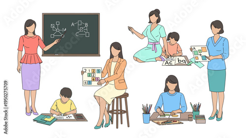 The Guiding Mentor: A collection of images portraying a female teacher in different scenarios with students, highlighting education, guidance, and the nurturing aspect of teaching.