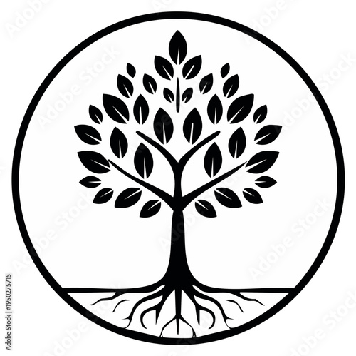 Stylized Black and White Tree of Life Symbol with Visible Roots Inside a Circle