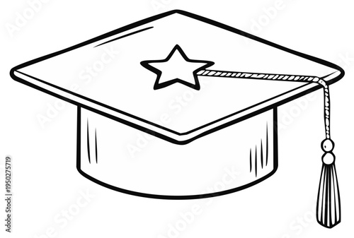 Hand drawn sketch of a mortarboard graduation hat with a star symbol. Education and achievement concept line art.