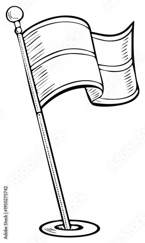 Blank waving flag on a pole planted in a hole hand drawn black and white illustration