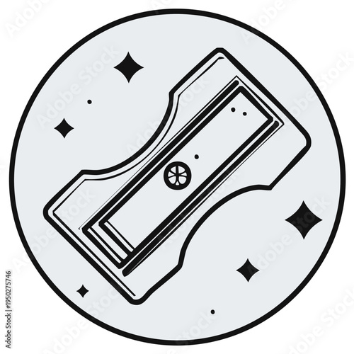 Stylized pencil sharpener inside a circle with sparkling star design, drawing instrument, education supplies, school tool icon illustration, stationery item isolated, black and white