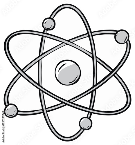 Stylized atomic structure with orbiting electrons and a nucleus in a simple line drawing style