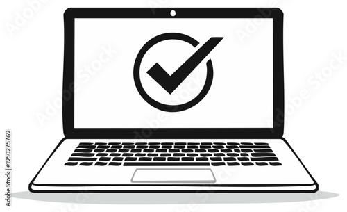 Laptop Computer Displaying a Check Mark Symbol - Confirmation, Success, Approval Concept