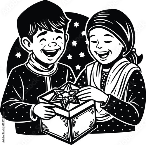 Black and white vector illustration of smiling children exchanging a gift