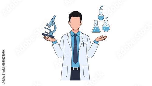 Science at Work: A scientist stands ready, the microscope and beakers are the tools for discovery, poised for the insights of investigation, exploring the endless possibilities of scientific research.