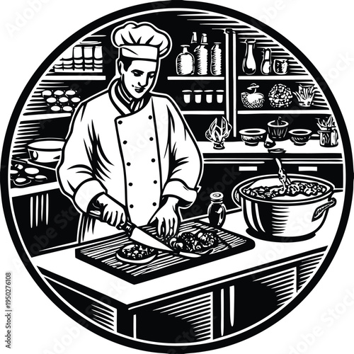 Vector illustration of chef cooking in kitchen