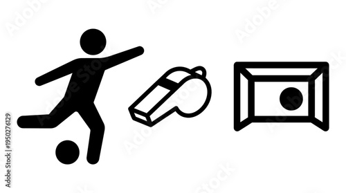 Football icons player, whistle, and goal