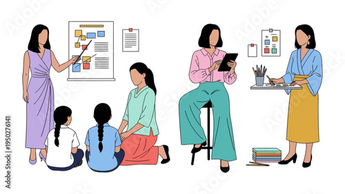 Empowering Educators: A vibrant illustration showcasing teachers in various activities: guiding students, facilitating learning, and engaging in collaborative planning.