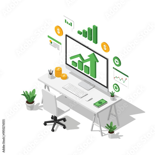 Isometric office desk with computer showing stock market growth chart and money, symbolizing financial success.