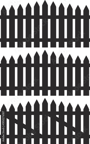 Set of black picket fence silhouettes with pointed tops and horizontal rails isolated on white background for garden, home security, and suburban boundary designs.