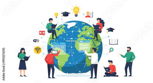 Global Education and Digital Learning Concept with Diverse People Interacting with Earth