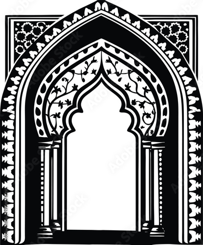 Black and white vector illustration of an ornate archway