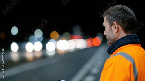 Nächtliche Straßenreparaturarbeiten, bei denen die Arbeiter den Arbeitsauftrag unter hellen Arbeitsscheinwerfern scannen