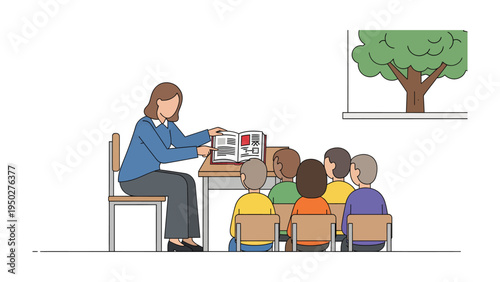 Classroom Teaching: In a light-filled classroom, a teacher engages a group of attentive students, presenting educational materials with the backdrop of a serene tree view.