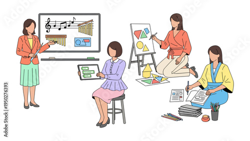 Creative Education: A group of individuals delves into a variety of educational pursuits, learning through music, art, and technology, fostering creativity and innovation.