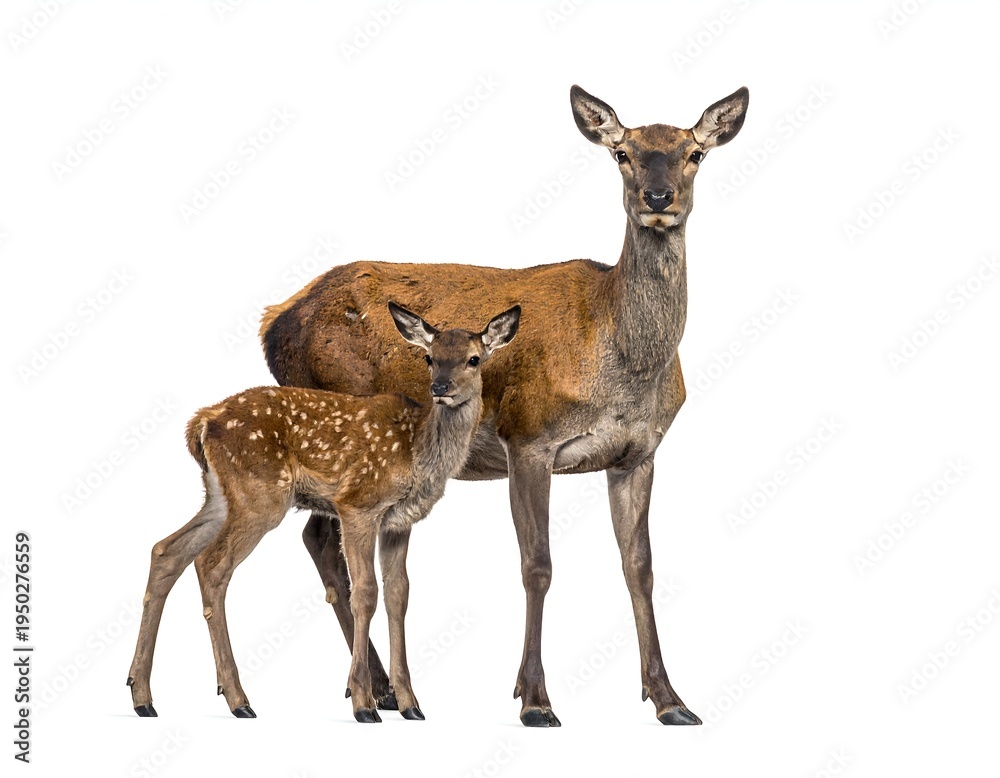 Fototapeta premium Doe & fawn, standing closely, facing forward. Isolated on white background, studio lighting, natural
