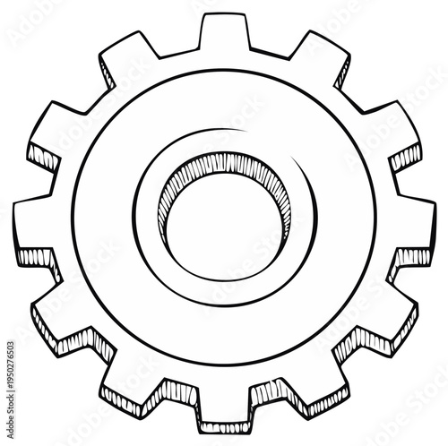 Black and white gear illustration, machine, technical drawing, mechanical engineering design.