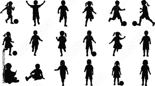children, kids, silhouettes, playing, running, jumping, soccer, childhood, activity, playground, happy, friends, sport, movement, school, recreation, fun, outdoor, black, collection