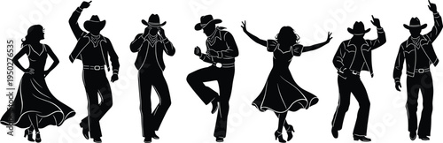 cowboy, dance, silhouettes, country, western, dancers, people, hats, boots, line, dancing, couple, music, party, festival, lifestyle, illustration, isolated, black, set