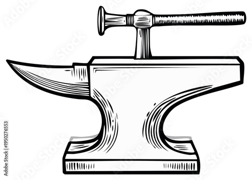 Anvil and Hammer Woodcut Illustration Blacksmith Tool Equipment Symbol for Metalworking Craft