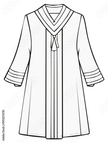 Academic Graduation Gown with Tassel and Trim Detail Line Drawing