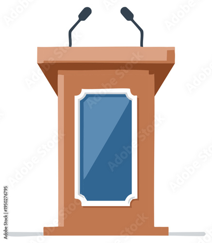 A simple wooden lectern with two microphones and a blue panel for presentation
