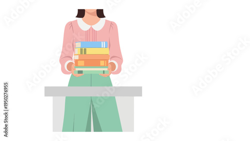 Girl Holding Book Stack: Illustration of a young woman holding a stack of books, dressed in a pink shirt and light green pants, standing near table.